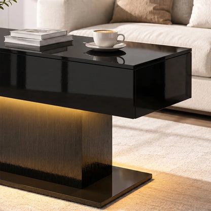 LED Coffee Table with Storage, High Gloss Modern Center Table with 2 Drawers and Remote Control for Living Room, Black Coffee Tables at Gallery Canada