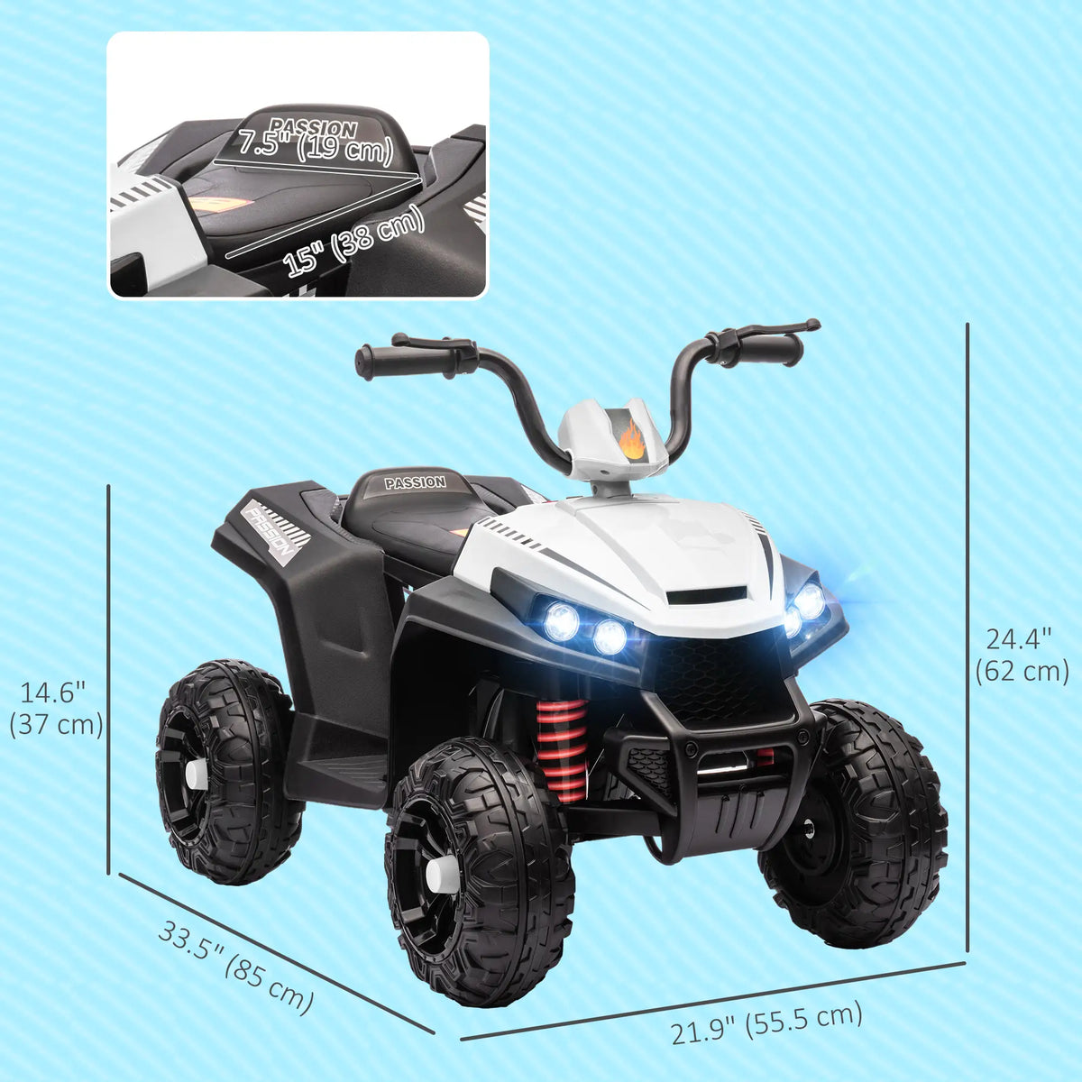 12V Kids ATV, Four Wheels, Spring Suspension, LED Light, MP3, White Electric Ride On Toys at Gallery Canada