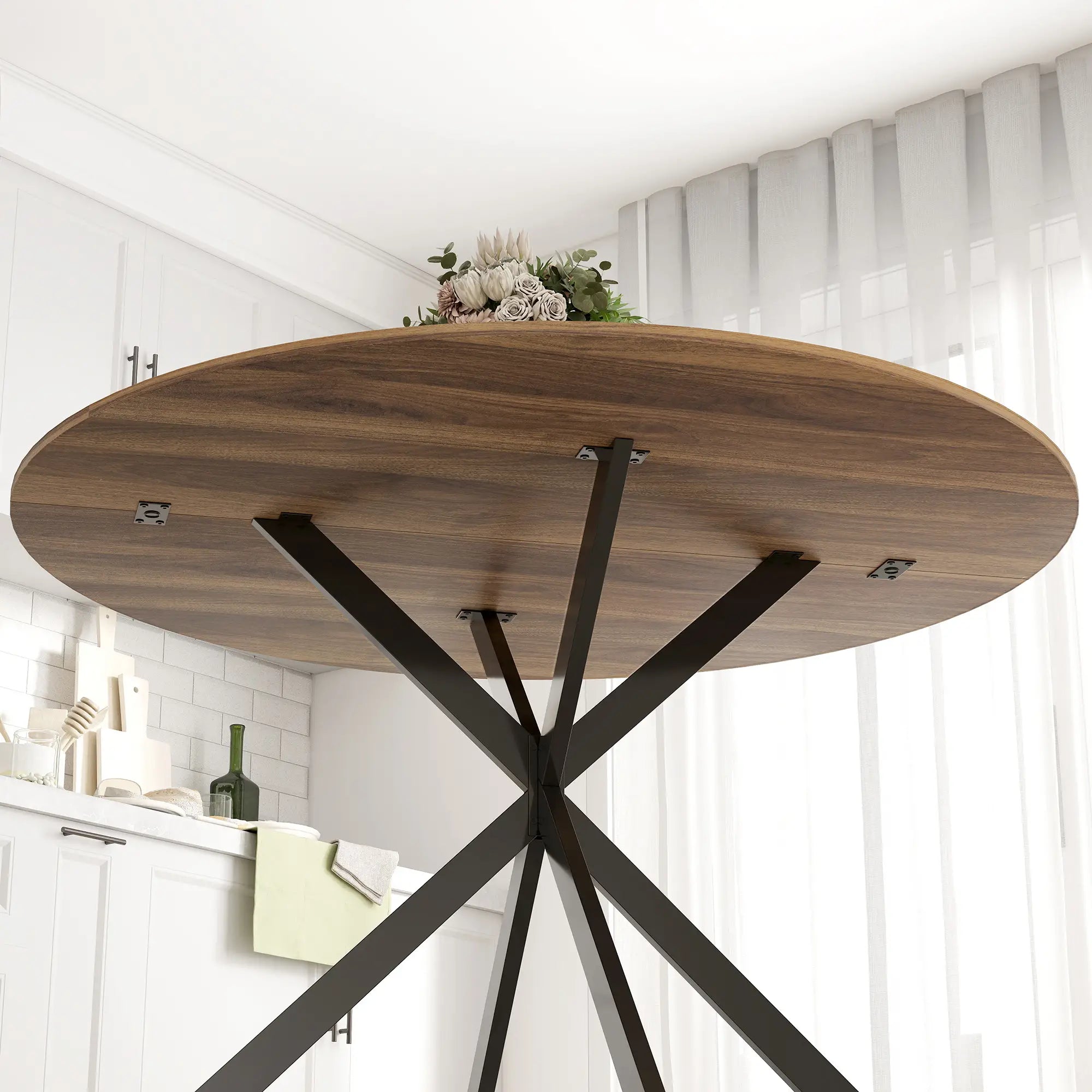 47 Inch Round Kitchen Table, Industrial Dining Table, Dark Brown Black Dining Tables at Gallery Canada