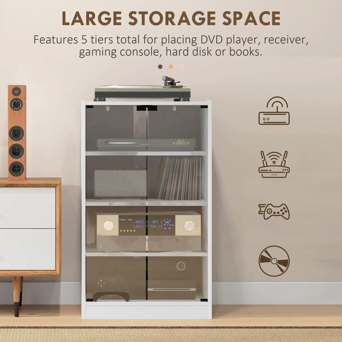 5-Tier Media Cabinet, Adjustable Shelves, Tempered Glass Doors, Distressed, White Storage Cabinets at Gallery Canada