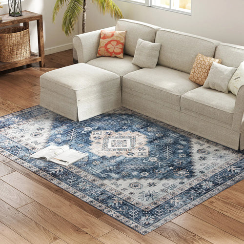 5x7 Area Rug, Vintage Washable, Non-Slip, Living Room, Bedroom, Blue