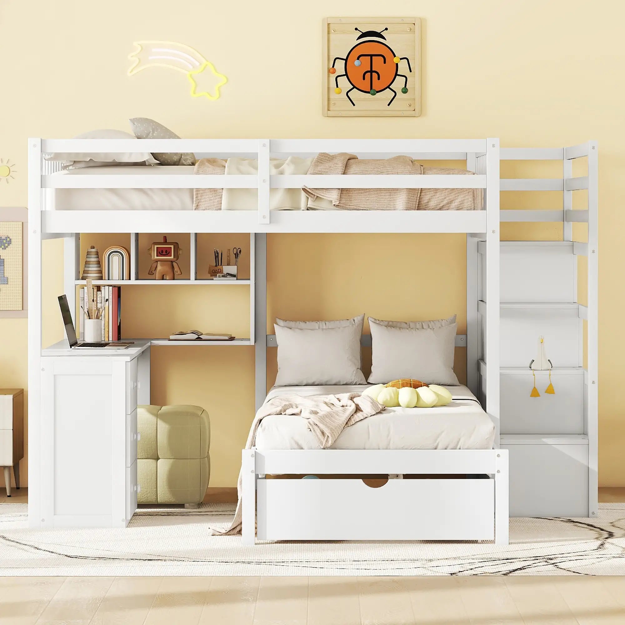 Over Twin Bunk Bed with Desk, Drawers, Shelves, 98