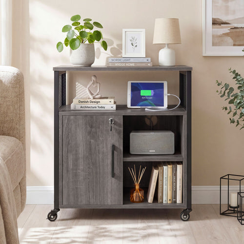 Mobile File Cabinet With Charging Station, Cable Management Hole, Gray