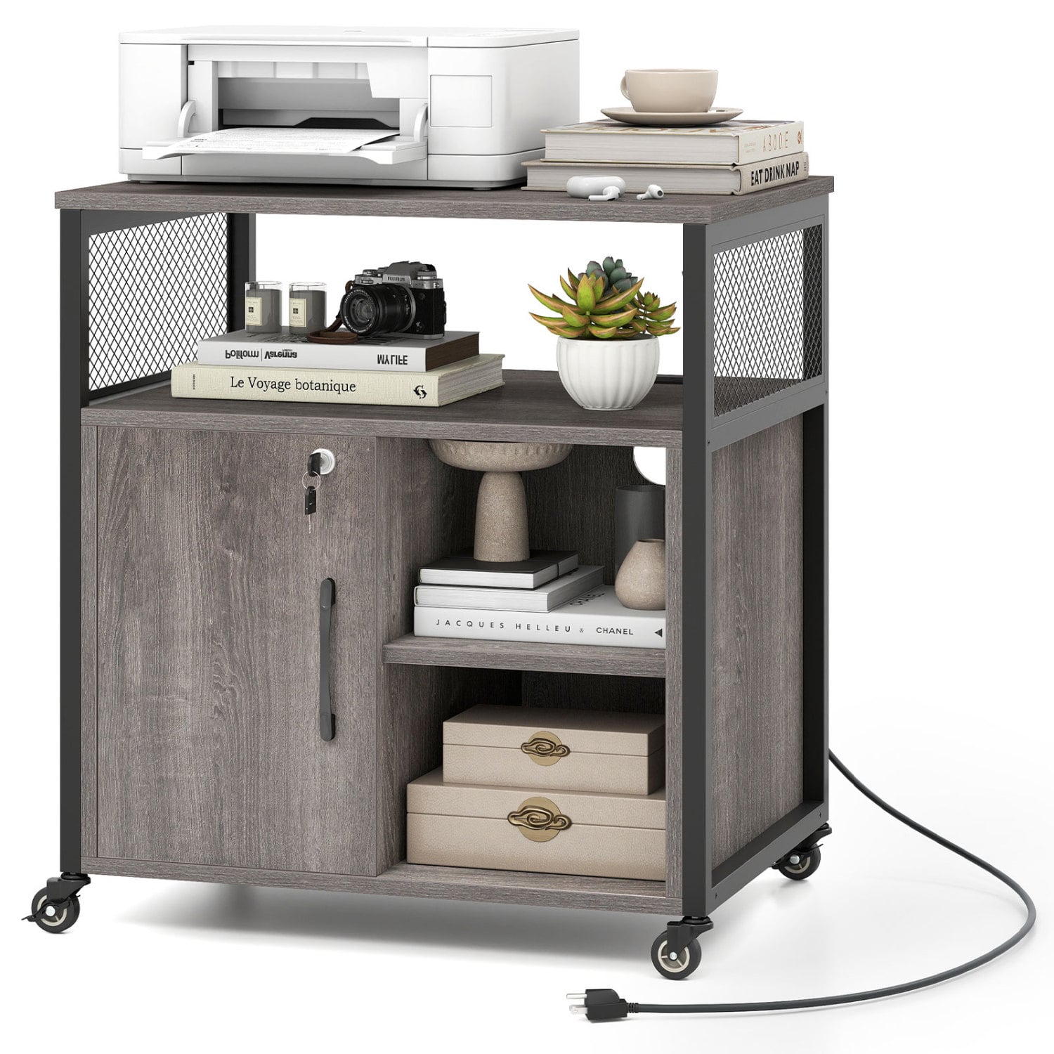 Mobile File Cabinet With Charging Station, Cable Management Hole, Gray File Cabinets at Gallery Canada
