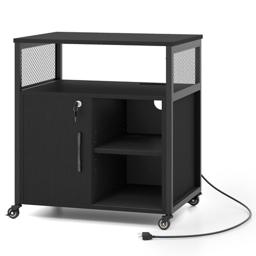 File Cabinet on Wheels with Charging Station and Cable Management Hole, Black