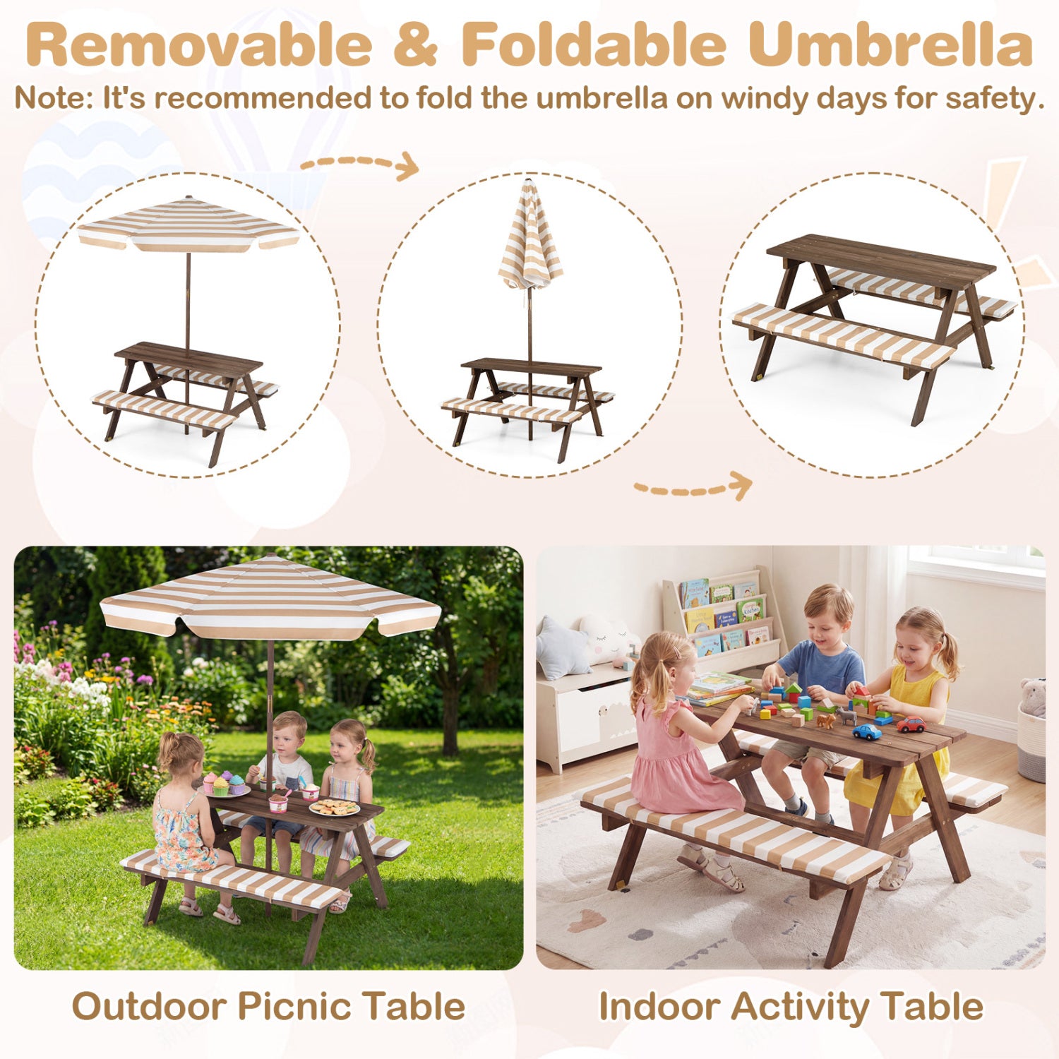 Kids Picnic Table With 2 Built-In Benches, Umbrella, Coffee Kids Table & Chair Sets at Gallery Canada