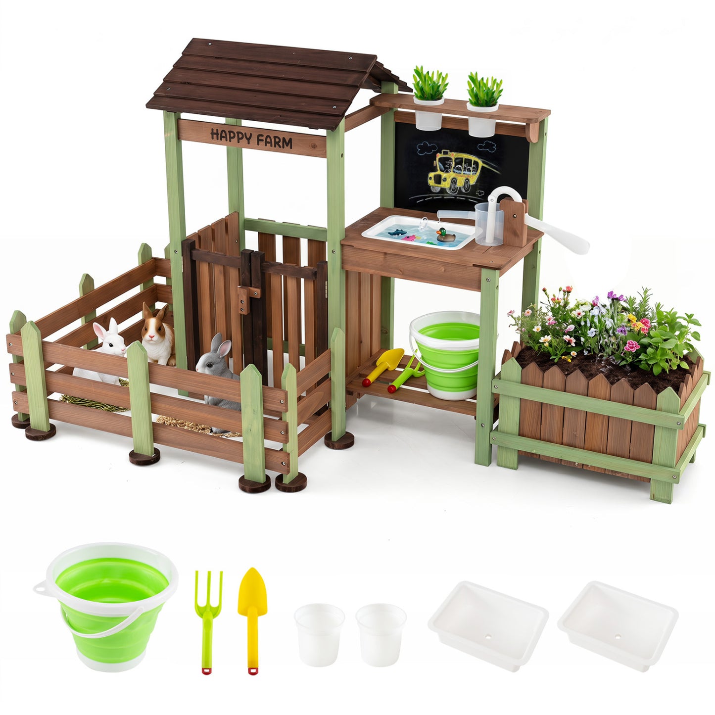 Wooden Mud Farm Playset with Planter Box Lockable Yard and Faucet for 3+ Kids Play Kitchen Sets Brown + Green at Gallery Canada