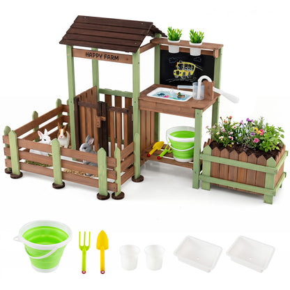 Wooden Mud Farm Playset with Planter Box Lockable Yard and Faucet for 3+ Kids Play Kitchen Sets Brown + Green at Gallery Canada