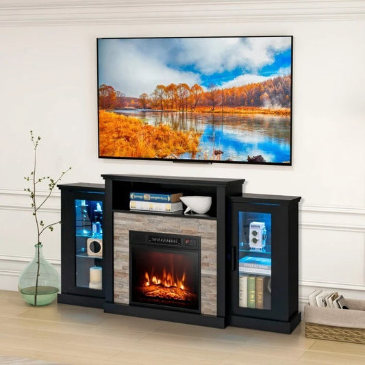 Fireplace TV Stand, 16-Color LED Lights, 65 Inch, Black Entertainment Centers & TV Stands Black at Gallery Canada