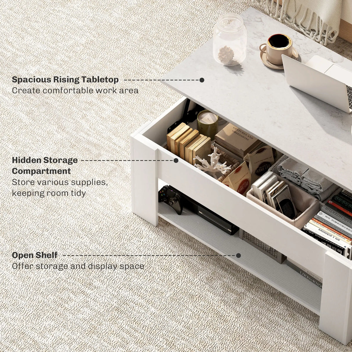 Lift Top Coffee Table, Hidden Storage, Open Shelf, White Coffee Tables at Gallery Canada