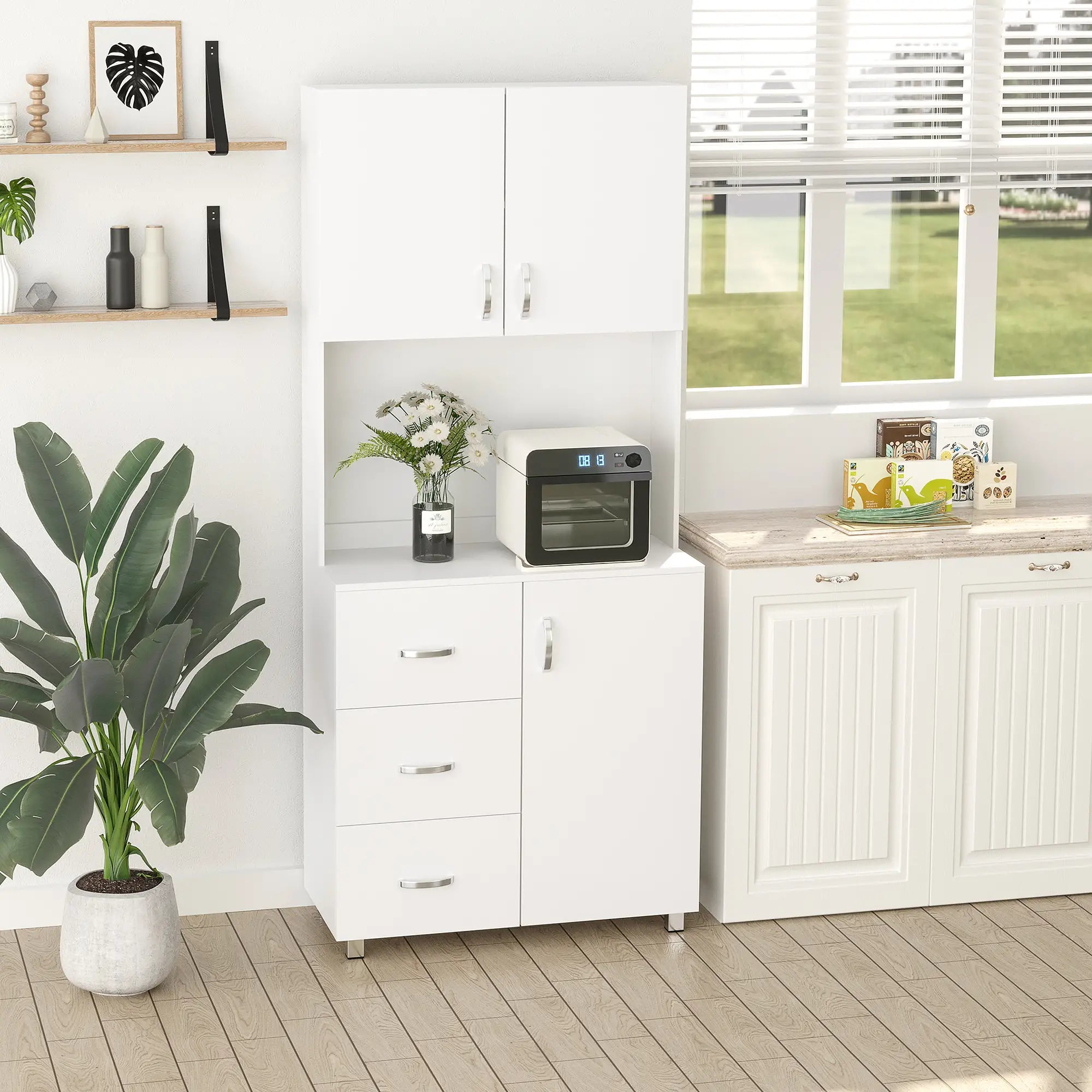 Freestanding Kitchen Buffet, Hutch Storage, 2 Door Cabinets, 3 Drawers, White Kitchen Pantry Cabinets at Gallery Canada