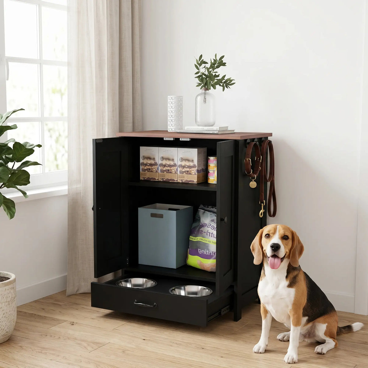 Dog Food Storage Container, Adjustable Panel, Hooks, Medium Size, Black Dog Bowls at Gallery Canada
