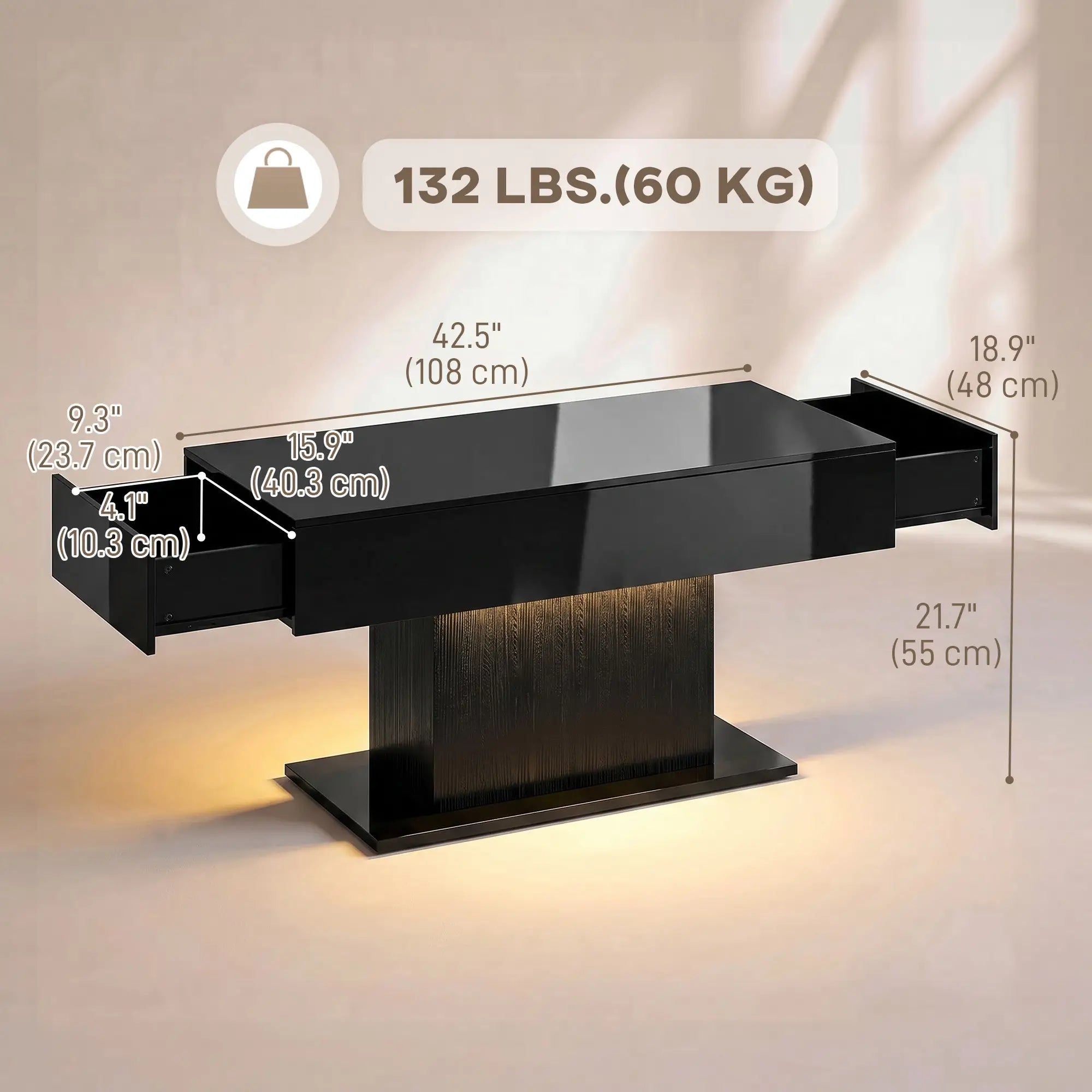 LED Coffee Table with Storage, High Gloss Modern Center Table with 2 Drawers and Remote Control for Living Room, Black Coffee Tables at Gallery Canada
