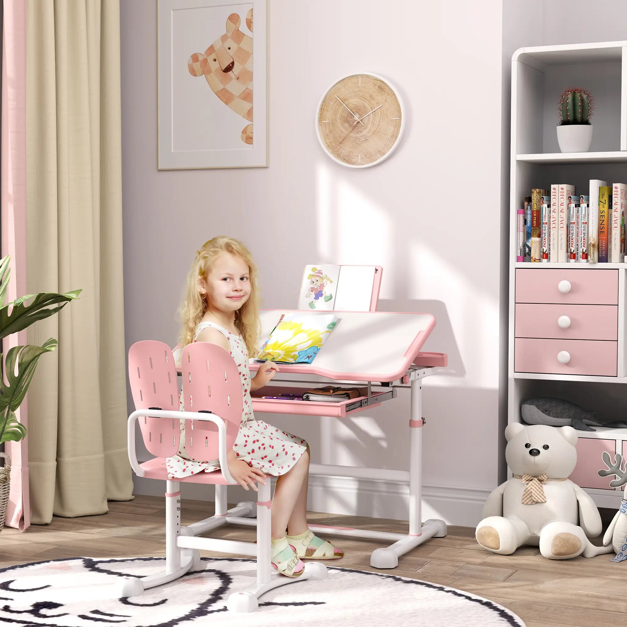 Adjustable Kids Desk and Chair Set, Tilt Desktop, Large Writing Board, Pink Kids Desk Sets at Gallery Canada