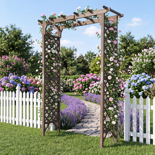 Flat Top Garden Arch with Gate 85" Tall Wood for Climbing Plants and Wedding, Brown Outdoor Decor Brown at Gallery Canada