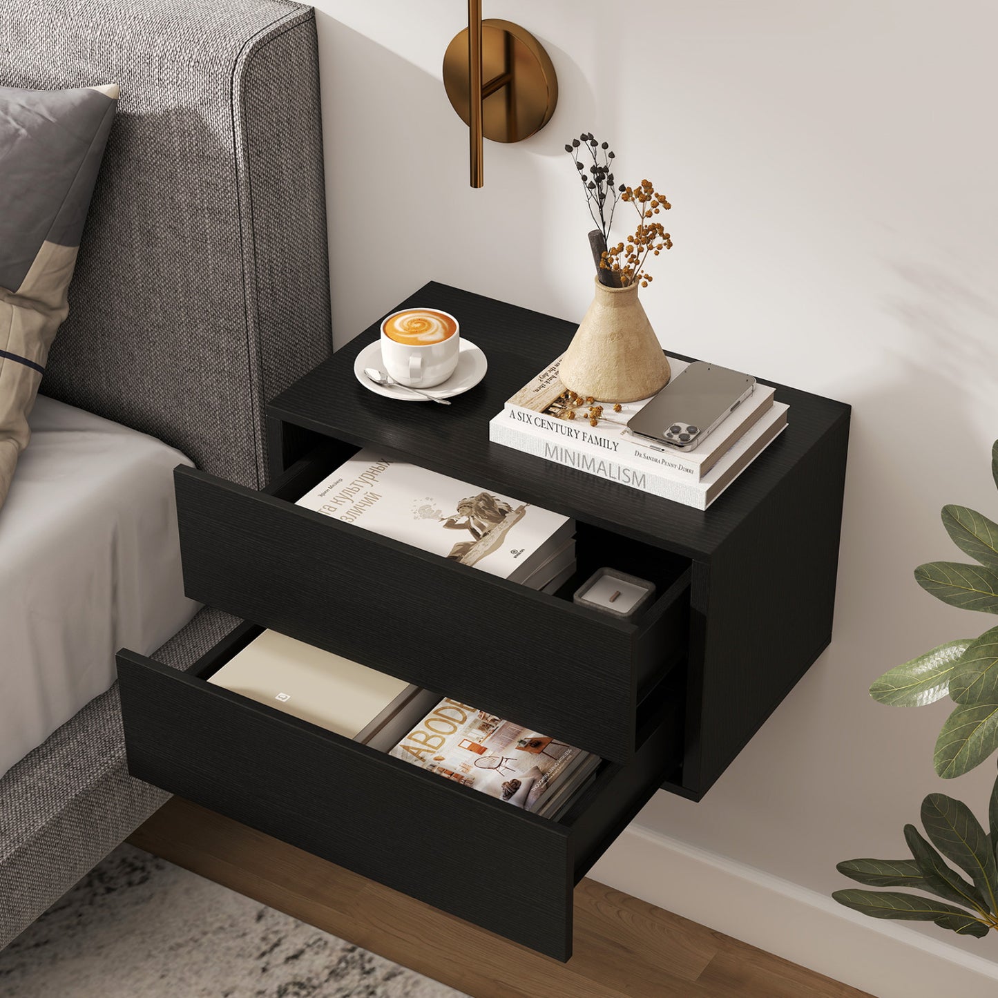 Floating Nightstand with 2 Storage Drawers Wall Mounted for Bedroom, Black Nightstands at Gallery Canada