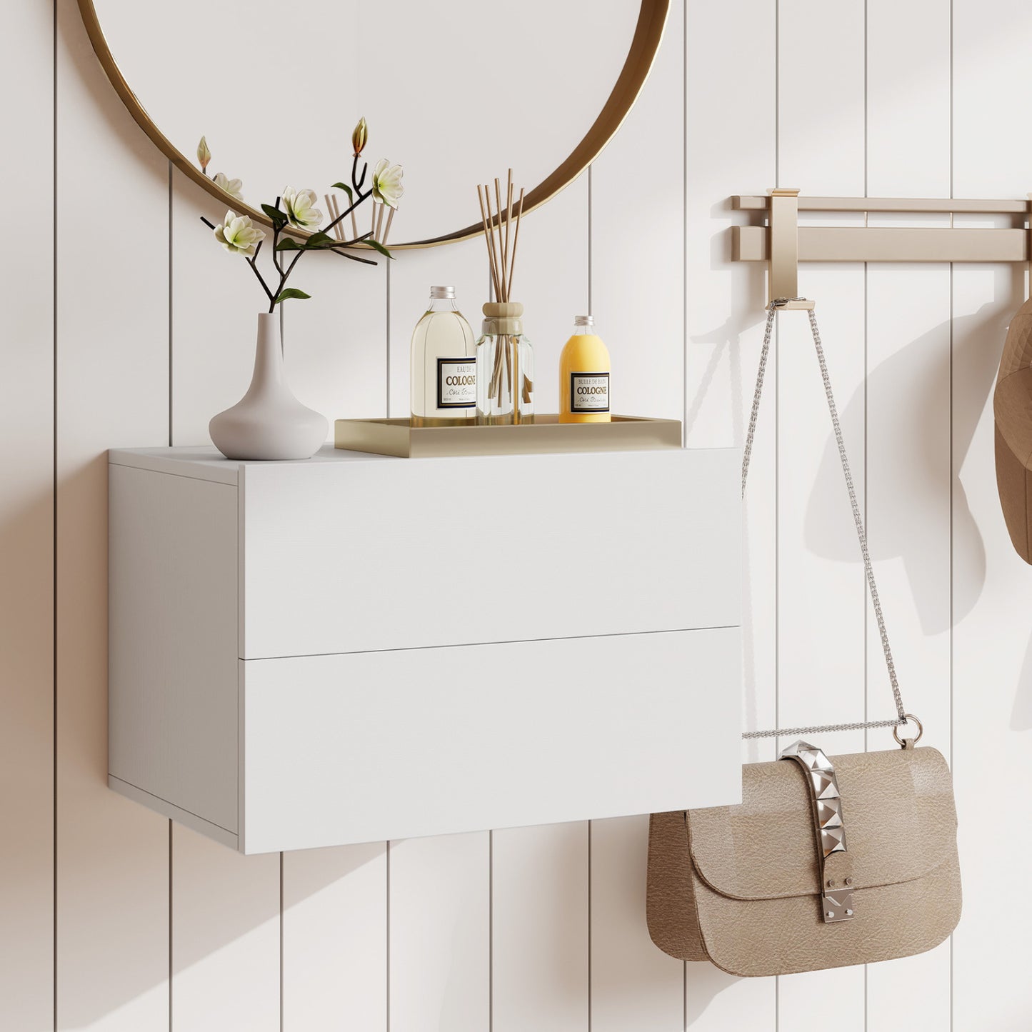 Floating Nightstand, 2 Drawers, Wall Mounted, White Nightstands at Gallery Canada