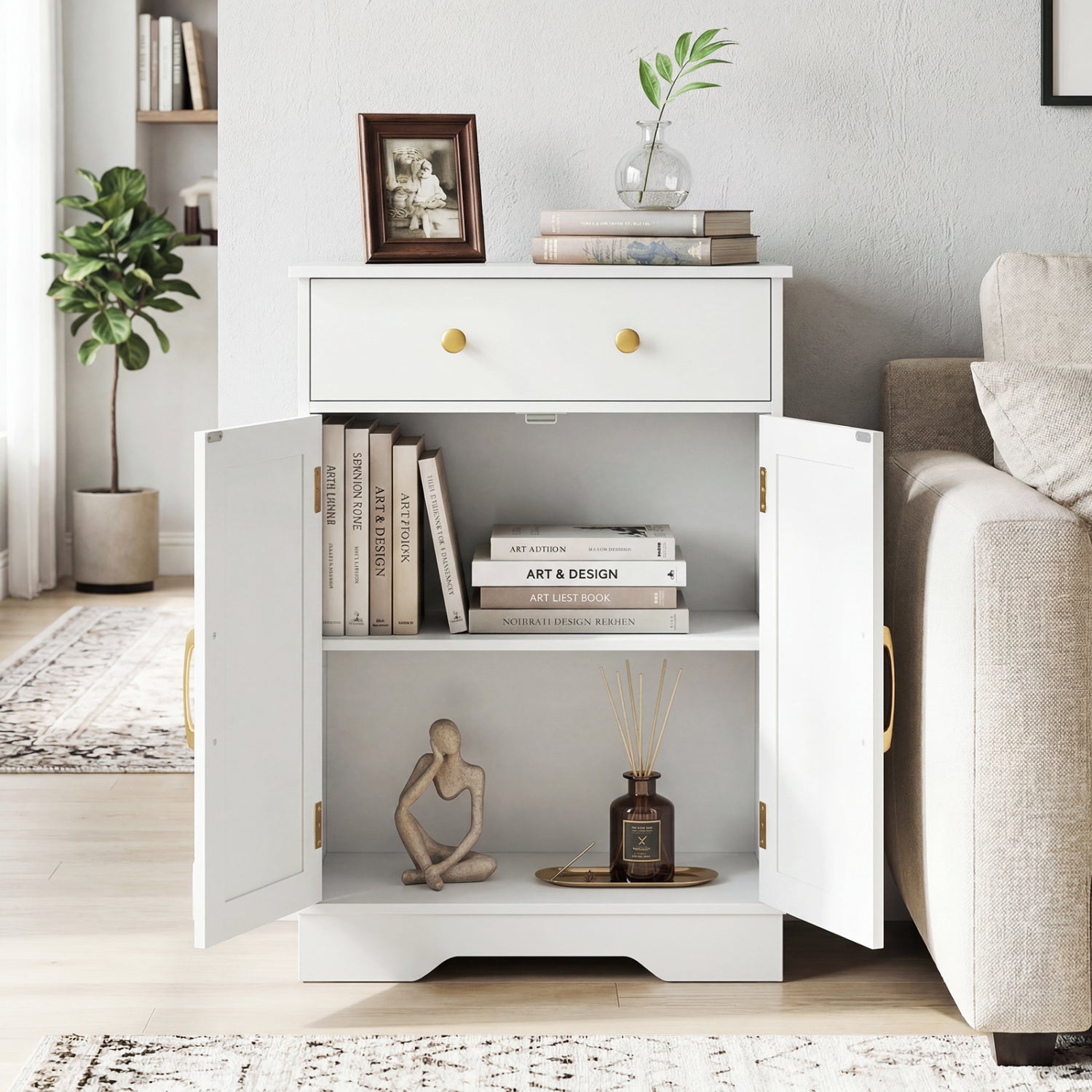 Floor Storage Cabinet with Doors Modern Buffet Sideboard with Drawer and Adjustable Shelf, White Floor Cabinets at Gallery Canada