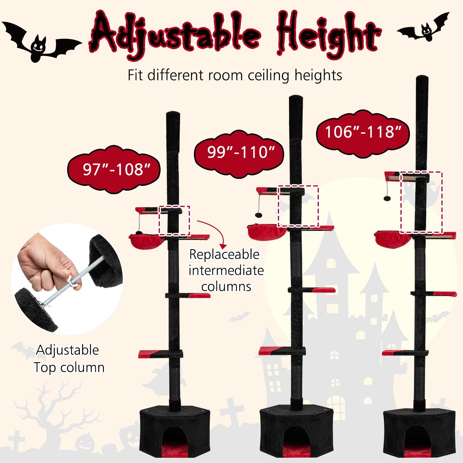 Gothic Cat Tree, 97-118 Inches, 5-Tier With Condo, Black, Red Cat Trees Condos & Scratchers at Gallery Canada