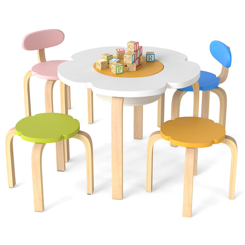 Flower-shaped Children Table Set Wooden Play and Activity Table with 2 Colorful Chairs and Stools, Multicolor