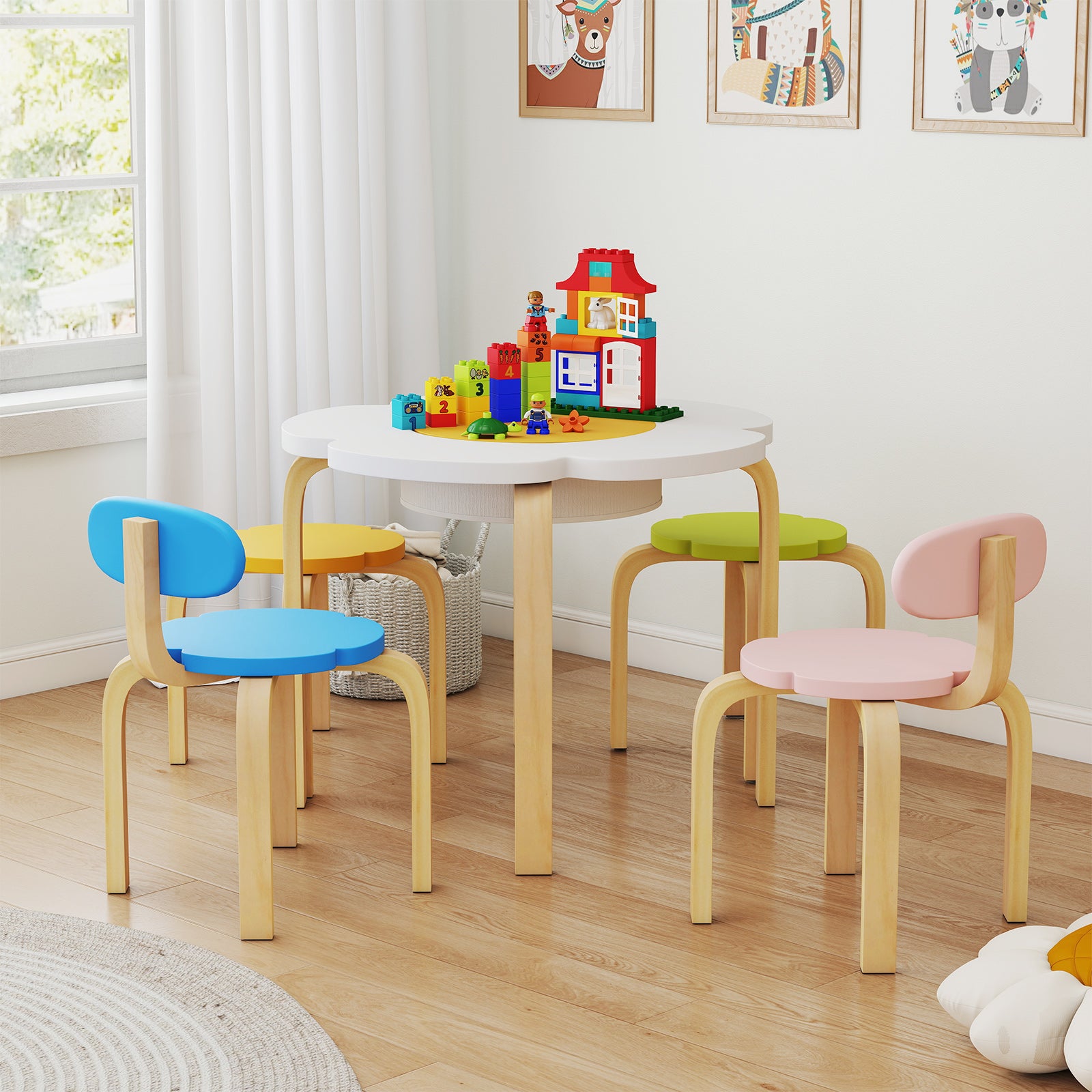Flower-shaped Children Table Set Wooden Play and Activity Table with 2 Colorful Chairs and Stools, Multicolor Kids Table & Chair Sets at Gallery Canada