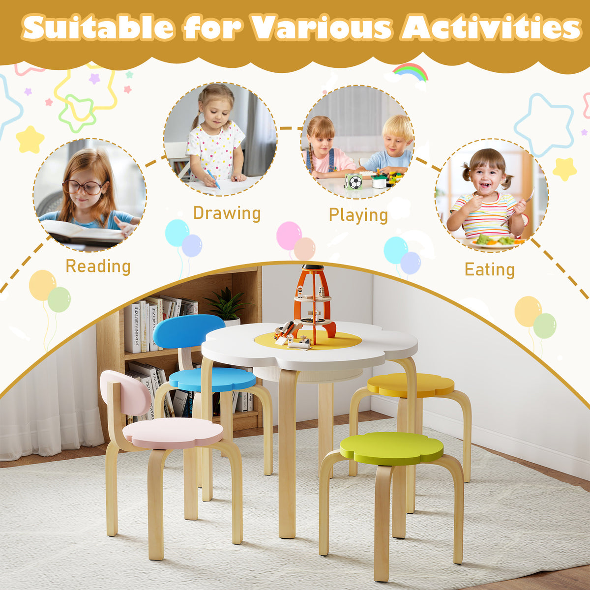 Flower-shaped Children Table Set Wooden Play and Activity Table with 2 Colorful Chairs and Stools, Multicolor Kids Table & Chair Sets at Gallery Canada