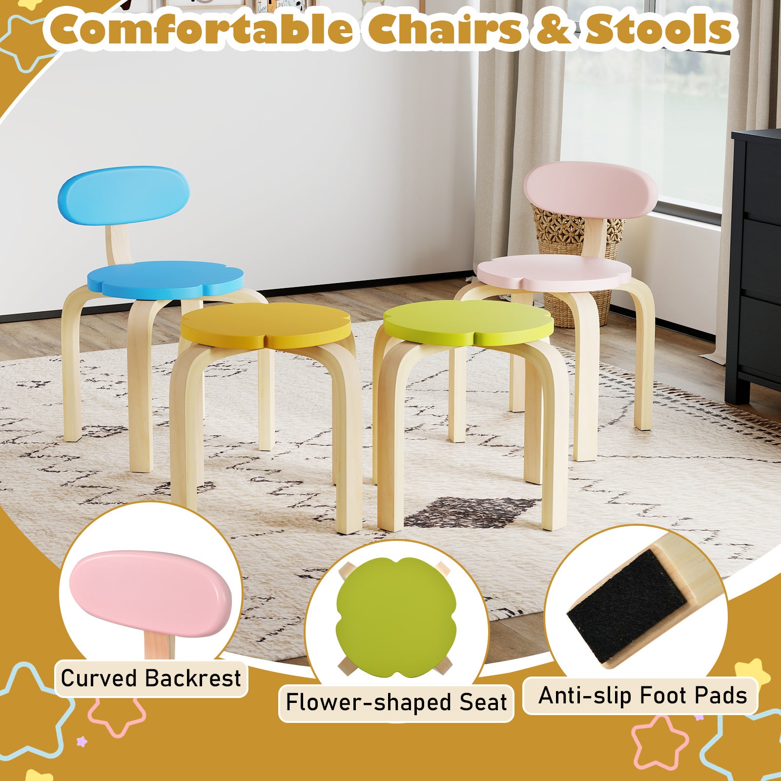 Flower-shaped Children Table Set Wooden Play and Activity Table with 2 Colorful Chairs and Stools, Multicolor Kids Table & Chair Sets at Gallery Canada