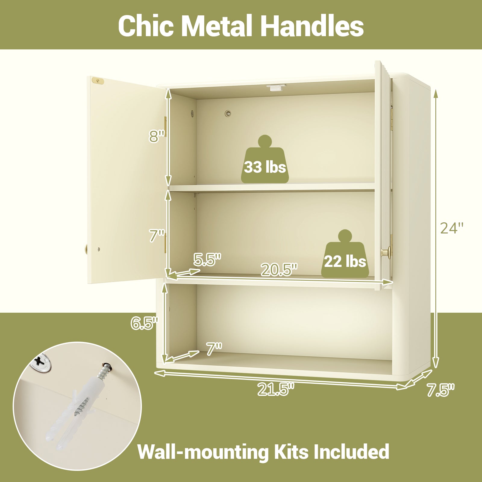 Fluted Bathroom Wall Cabinet With Open Shelf, Beige Wall Cabinets at Gallery Canada