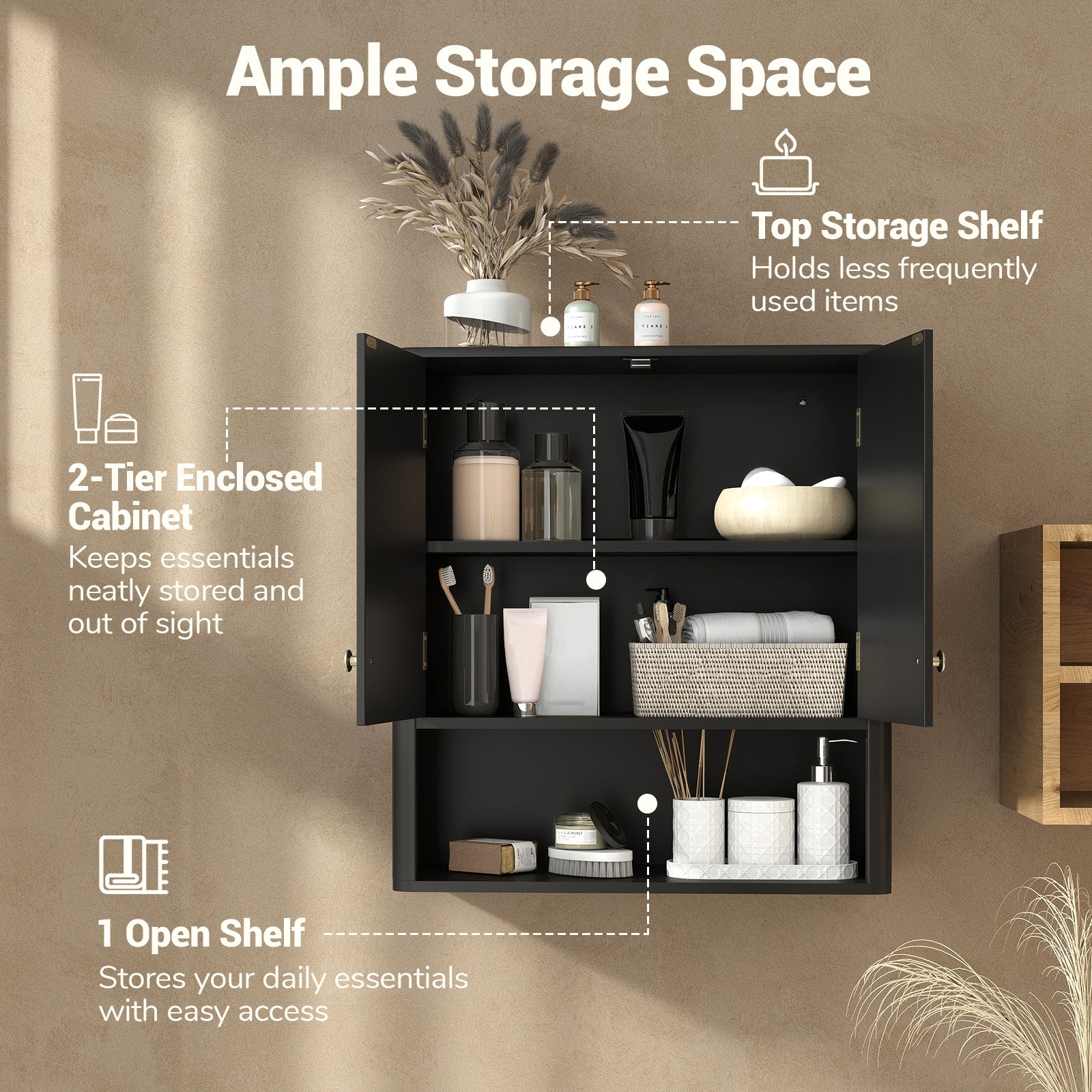 Fluted Bathroom Wall Cabinet With Open Shelf, Black Wall Cabinets at Gallery Canada