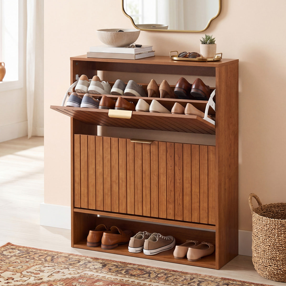 Fluted Shoe Cabinet, 2 Flip Drawers, Open Storage, Walnut Shoe Racks & Storage Benches at Gallery Canada