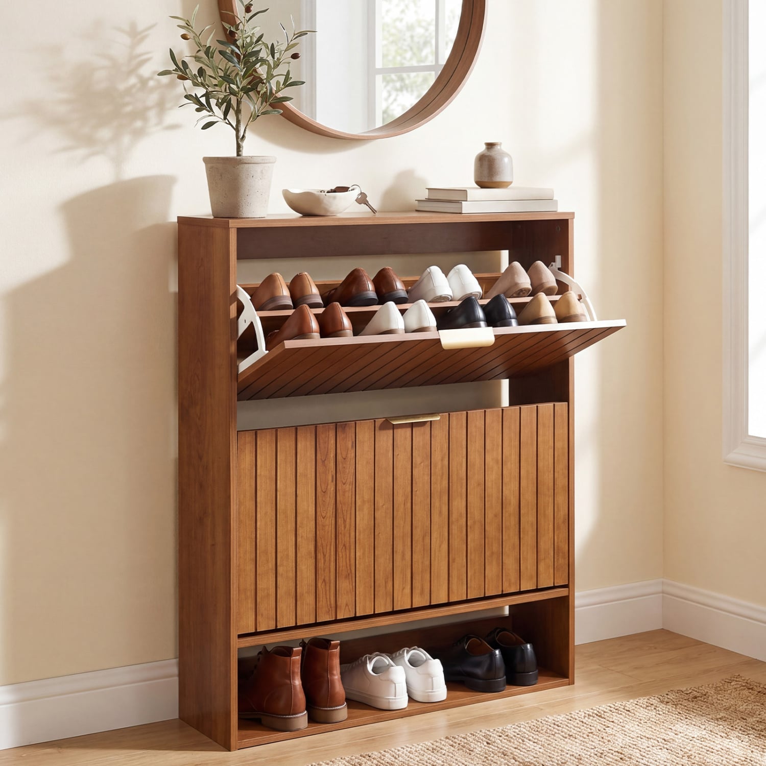 Fluted Shoe Cabinet, 2 Flip Drawers, Open Storage, Walnut Shoe Racks & Storage Benches at Gallery Canada