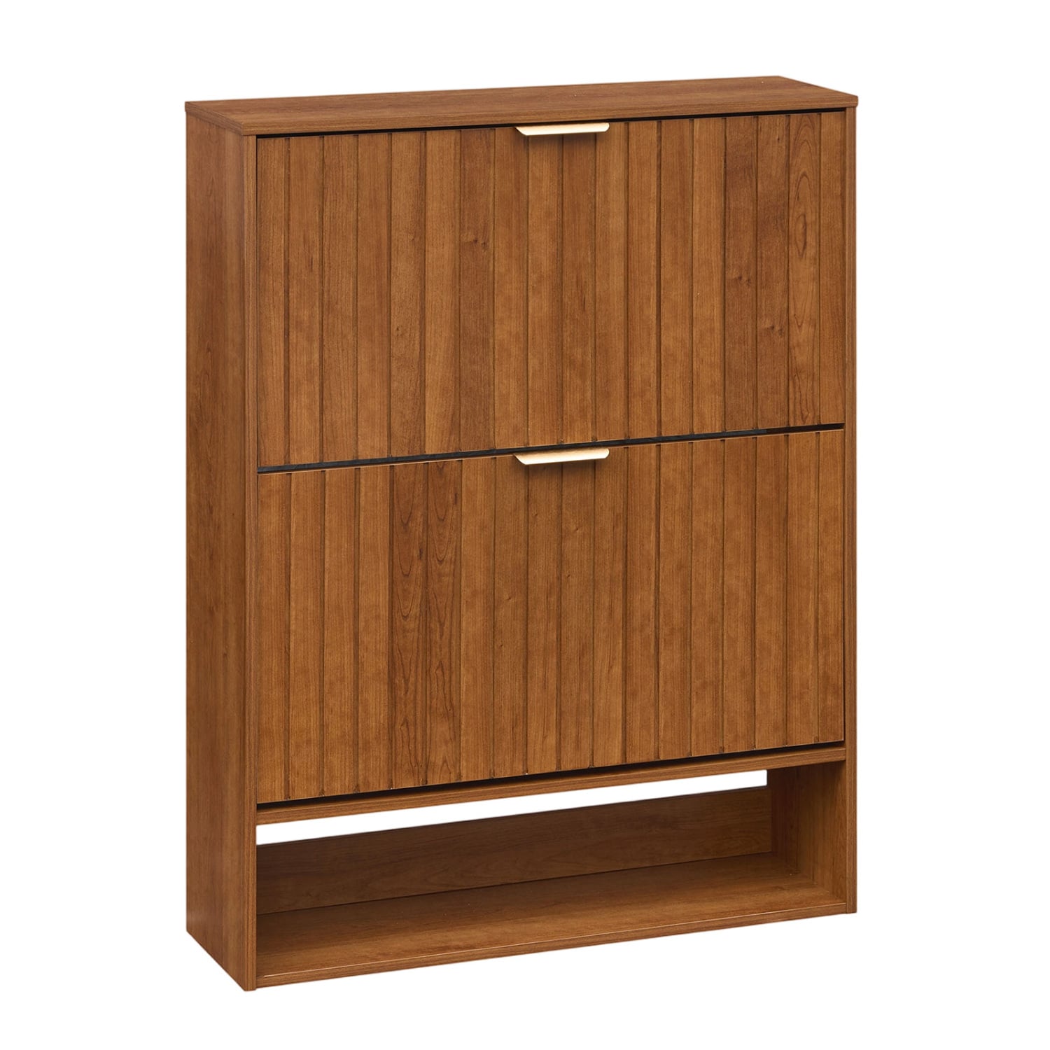 Fluted Shoe Cabinet, 2 Flip Drawers, Open Storage, Walnut Shoe Racks & Storage Benches Walnut at Gallery Canada