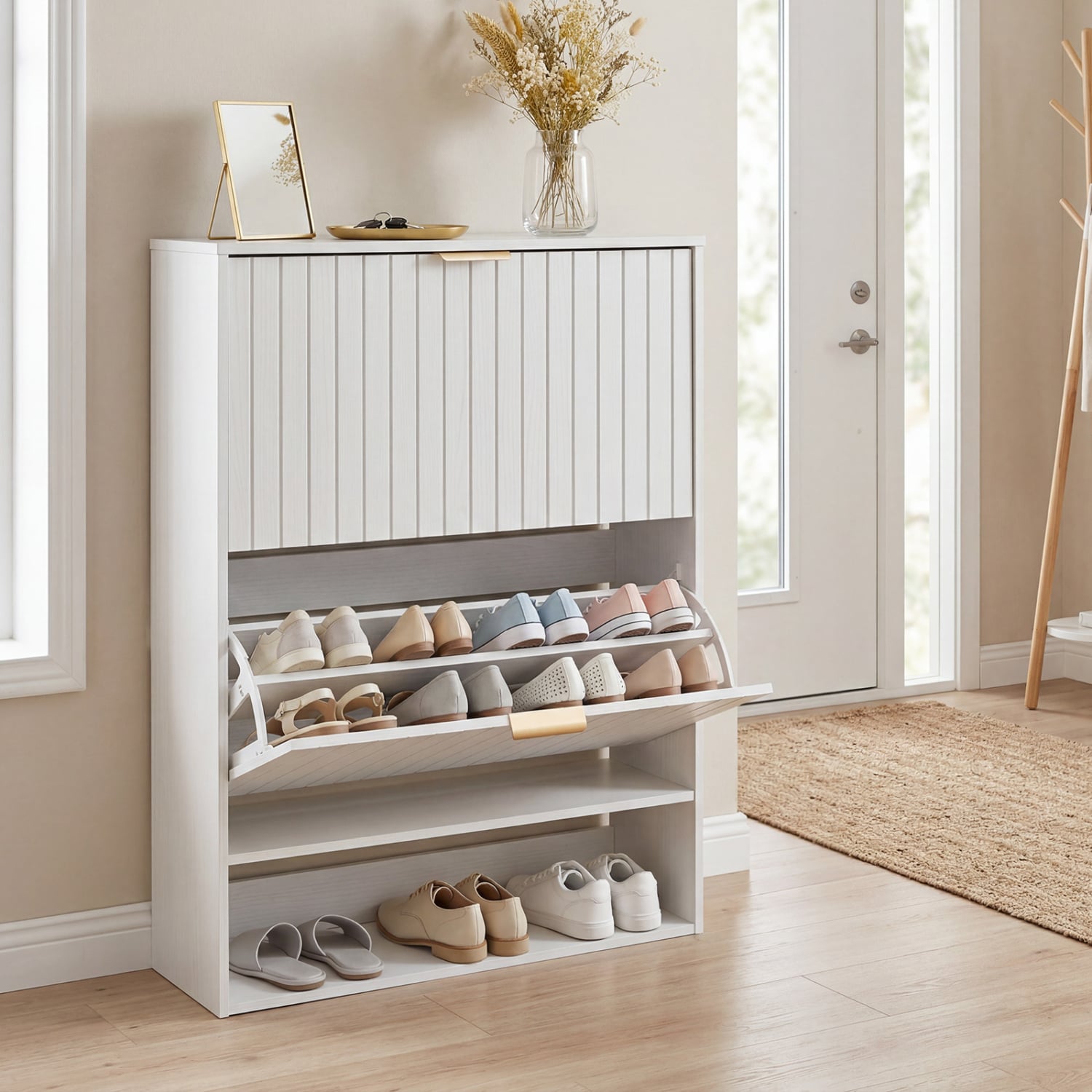 Fluted Shoe Cabinet, 2 Flip Drawers, Open Storage, White Shoe Racks & Storage Benches at Gallery Canada