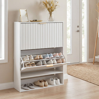 Fluted Shoe Cabinet, 2 Flip Drawers, Open Storage, White Shoe Racks & Storage Benches at Gallery Canada