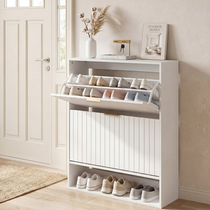 Fluted Shoe Cabinet, 2 Flip Drawers, Open Storage, White Shoe Racks & Storage Benches at Gallery Canada