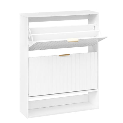 Fluted Shoe Cabinet, 2 Flip Drawers, Open Storage, White Shoe Racks & Storage Benches White at Gallery Canada