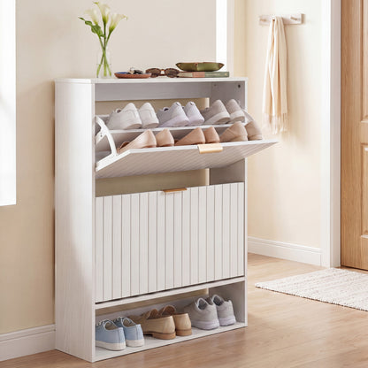 Fluted Shoe Cabinet, 2 Flip Drawers, Open Storage, White Shoe Racks & Storage Benches at Gallery Canada