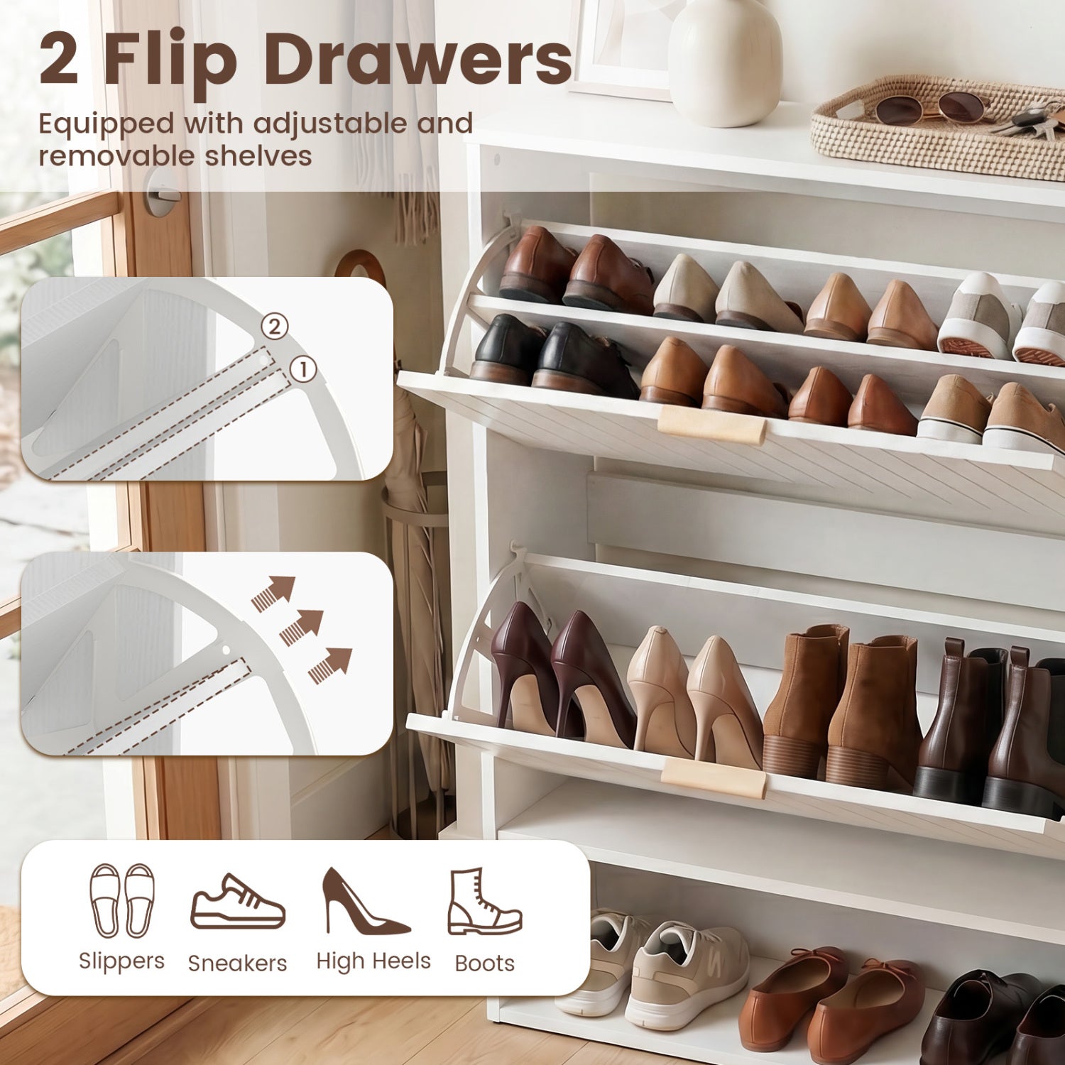 Fluted Shoe Cabinet, 2 Flip Drawers, Open Storage, White Shoe Racks & Storage Benches at Gallery Canada
