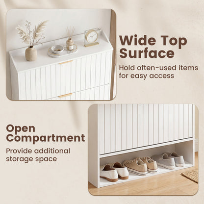 Fluted Shoe Cabinet, 2 Flip Drawers, Open Storage, White Shoe Racks & Storage Benches at Gallery Canada