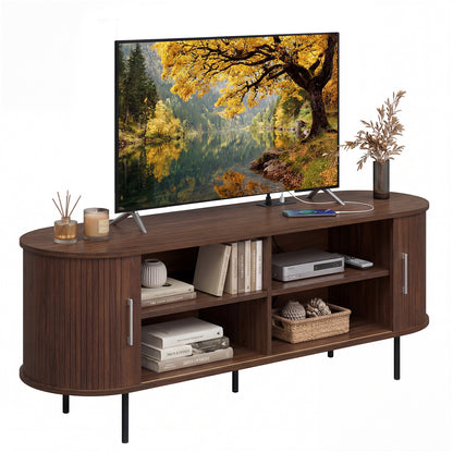Fluted TV Stand, 60", Mid Century Curved Entertainment Center, Walnut Entertainment Centers & TV Stands Walnut at Gallery Canada