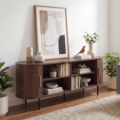 Fluted TV Stand, 60", Mid Century Curved Entertainment Center, Walnut Entertainment Centers & TV Stands at Gallery Canada