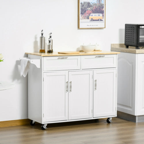 Rolling Kitchen Island, Cart with 2 Drawers, 3 Door Cabinets, 3-Doors, White