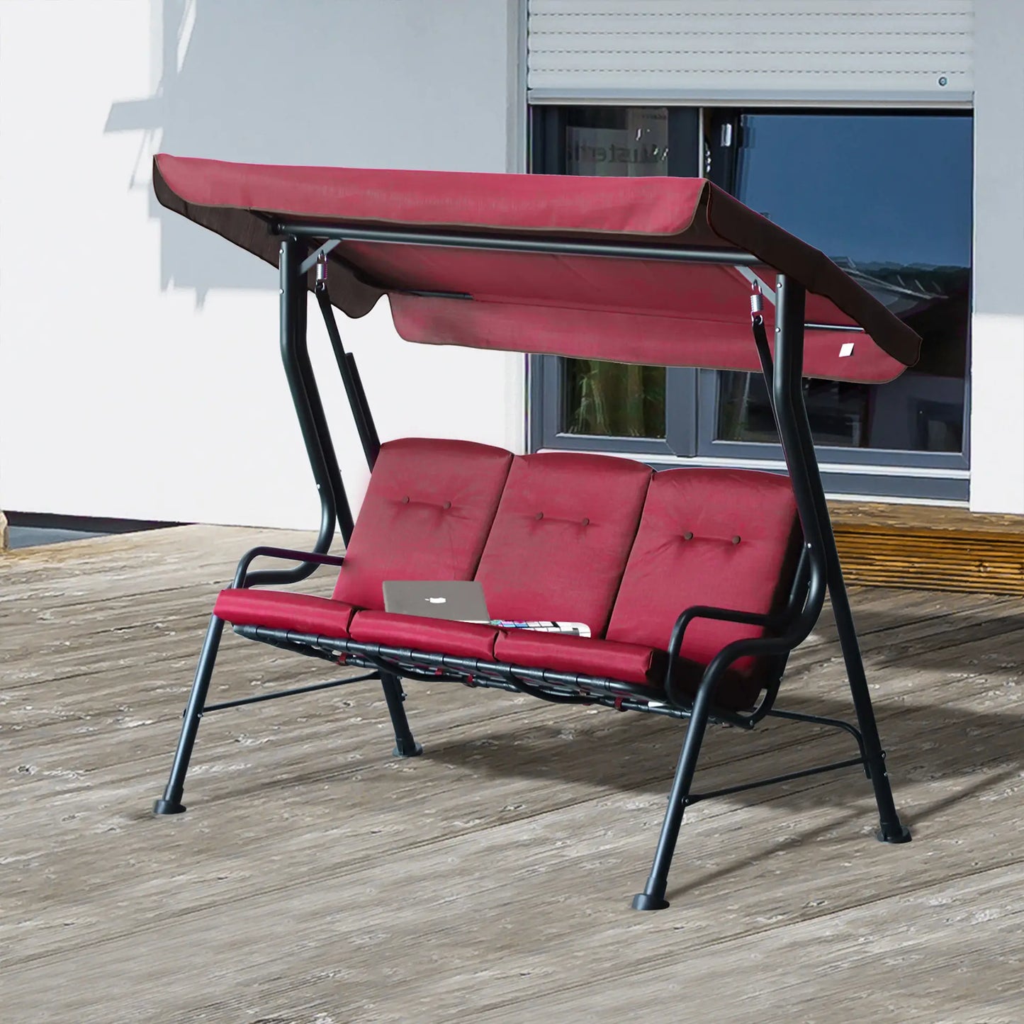 3-Person Porch Swing Chair, Adjustable Canopy, Thicken Cushion, Weather Resistant Steel Frame, Wine Red Porch Swings with Canopy at Gallery Canada