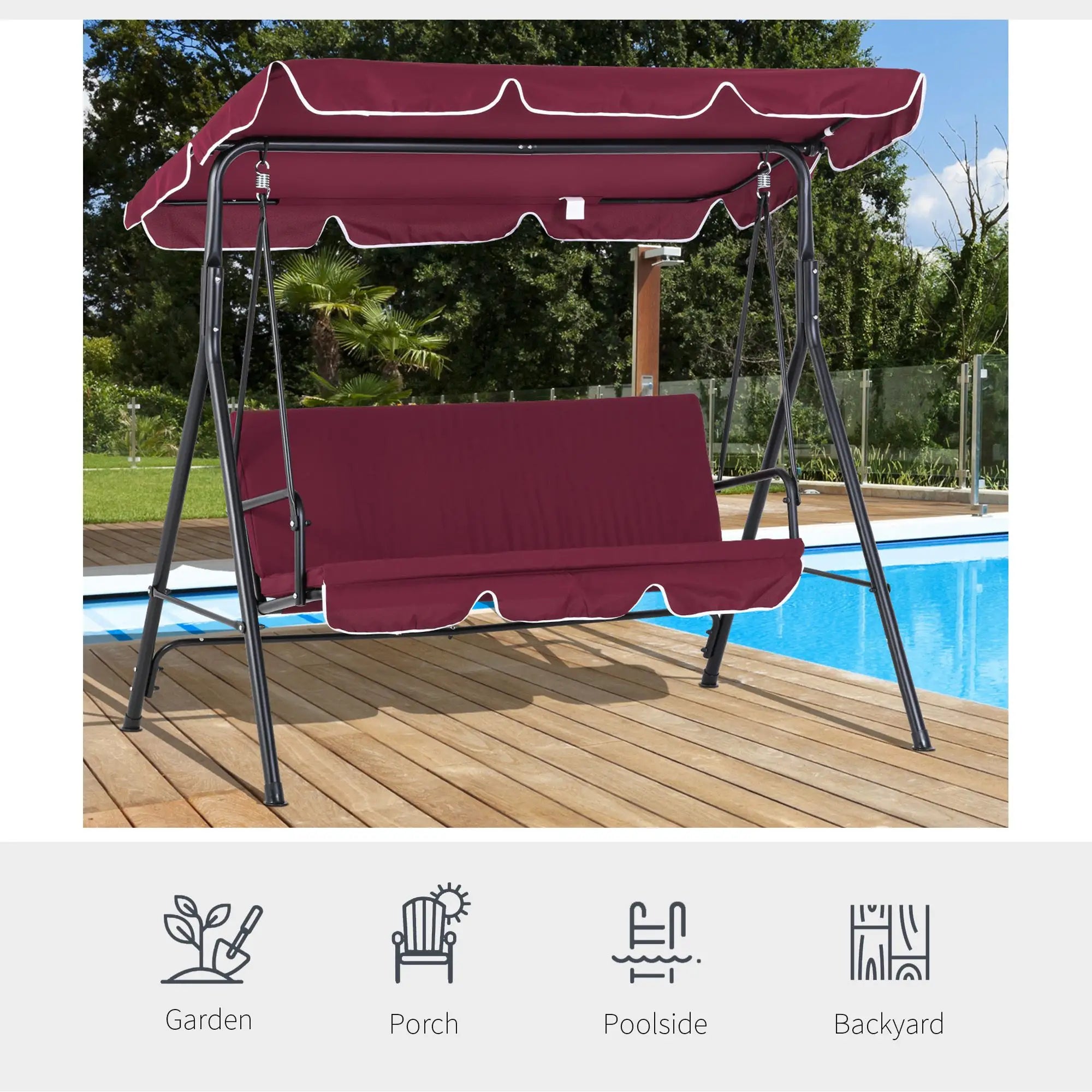 3-Seater Patio Swing Chair with Canopy, Garden Poolside, Wine Red Patio Swings with Stand at Gallery Canada