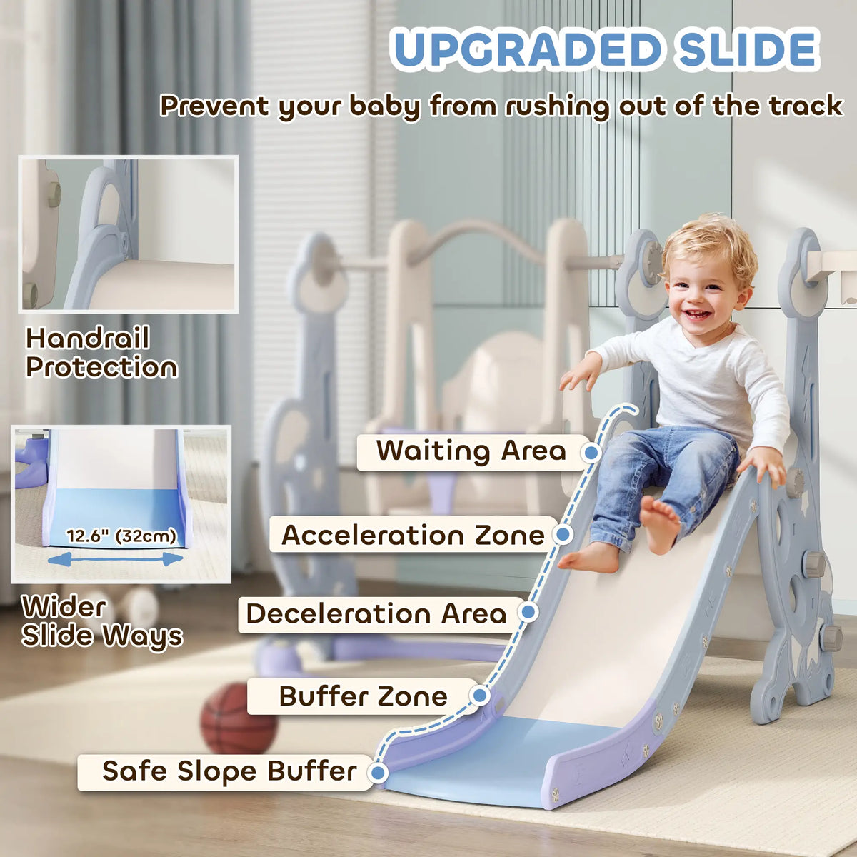 4-in-1 Slide Swing Set, Basketball Hoop, Climber, Ages 1.5-4, Rocket Themed, Light Blue Gym Sets & Swings at Gallery Canada