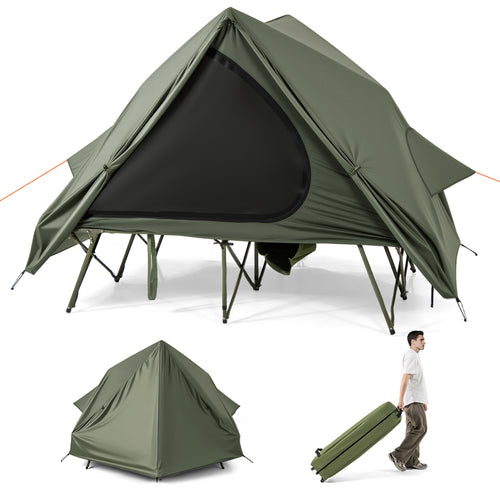 Foldable 2-Person Camping Cot Tent, With Pop-Up Shelter And Wheeled Bag, Green
