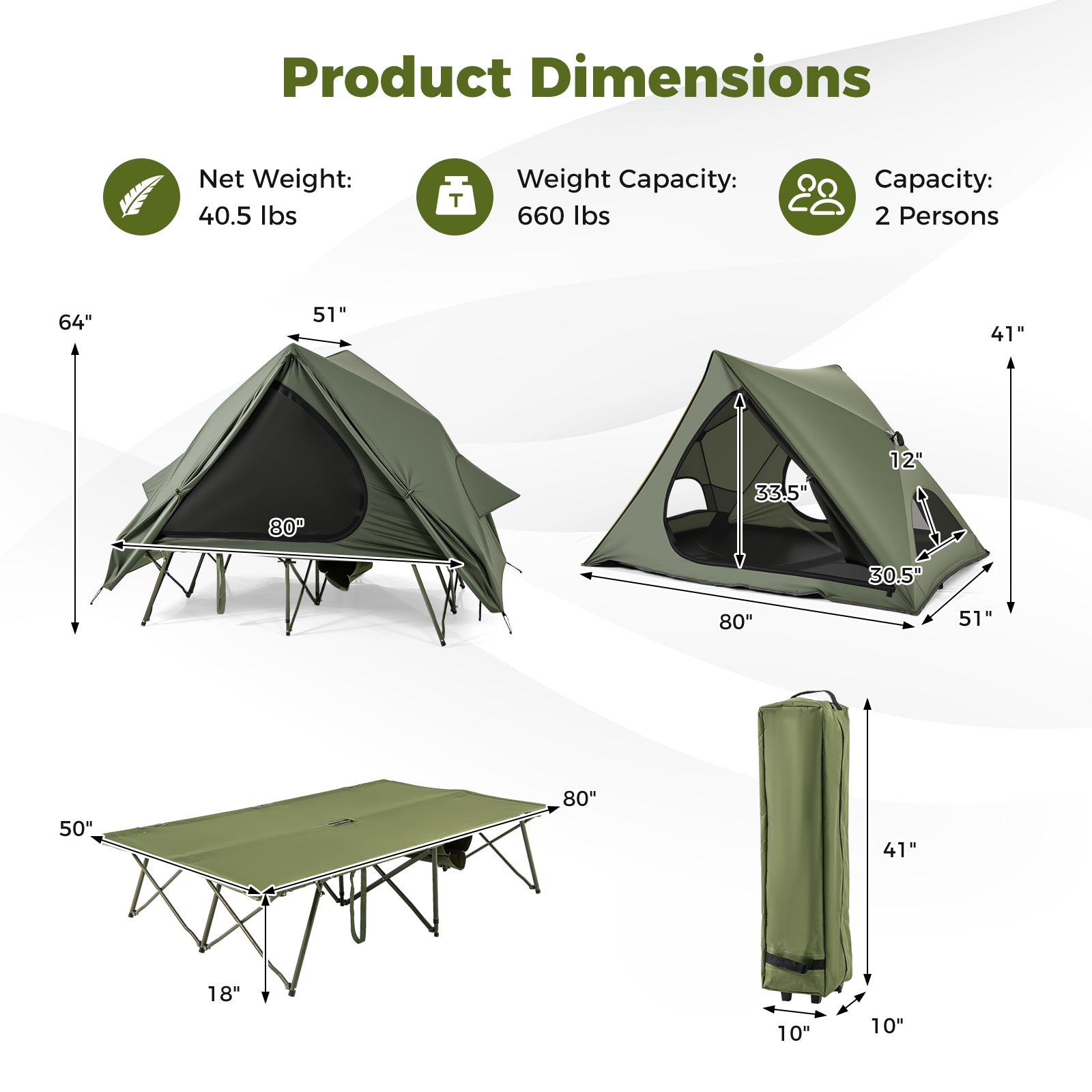 Foldable 2-Person Camping Cot Tent, With Pop-Up Shelter And Wheeled Bag, Green Tents at Gallery Canada