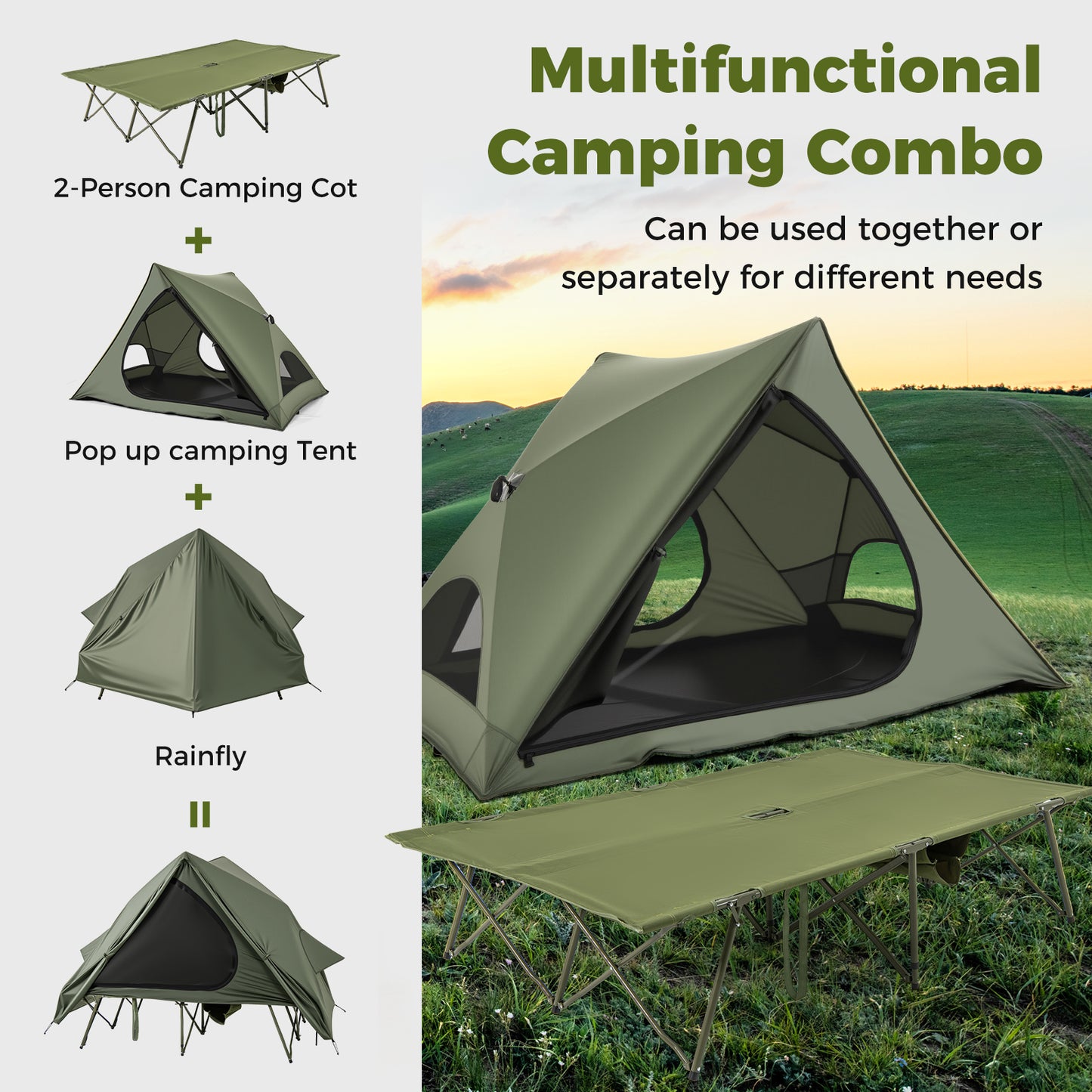 Foldable 2-Person Camping Cot Tent, With Pop-Up Shelter And Wheeled Bag, Green Tents at Gallery Canada