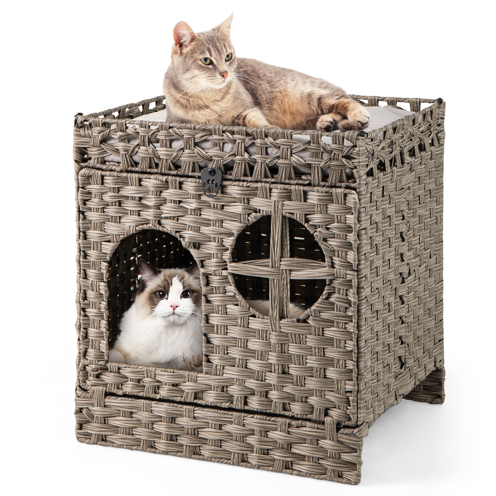 Foldable 2-Tier Rattan Cat Litter Box Enclosure With Mat, Gray Cat Houses at Gallery Canada