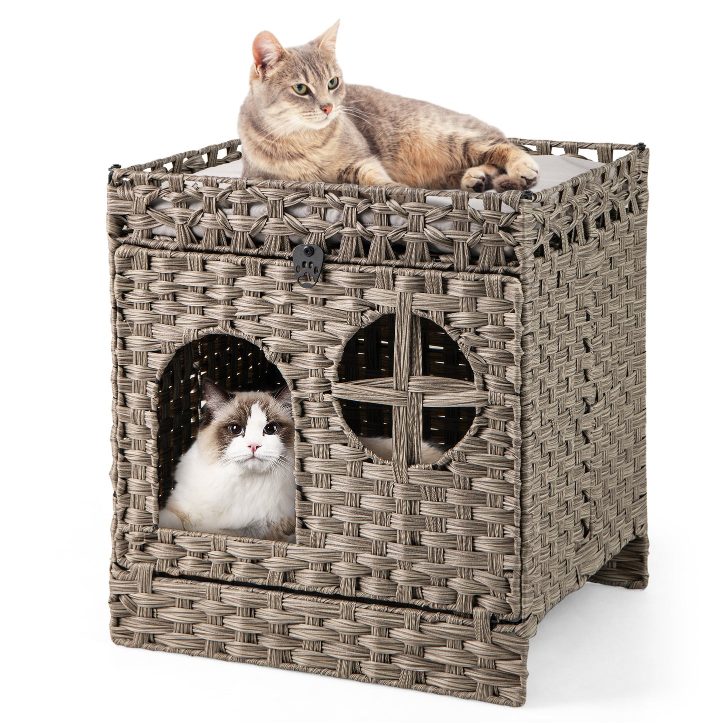 Foldable 2-Tier Rattan Cat Litter Box Enclosure With Mat, Gray Cat Houses at Gallery Canada